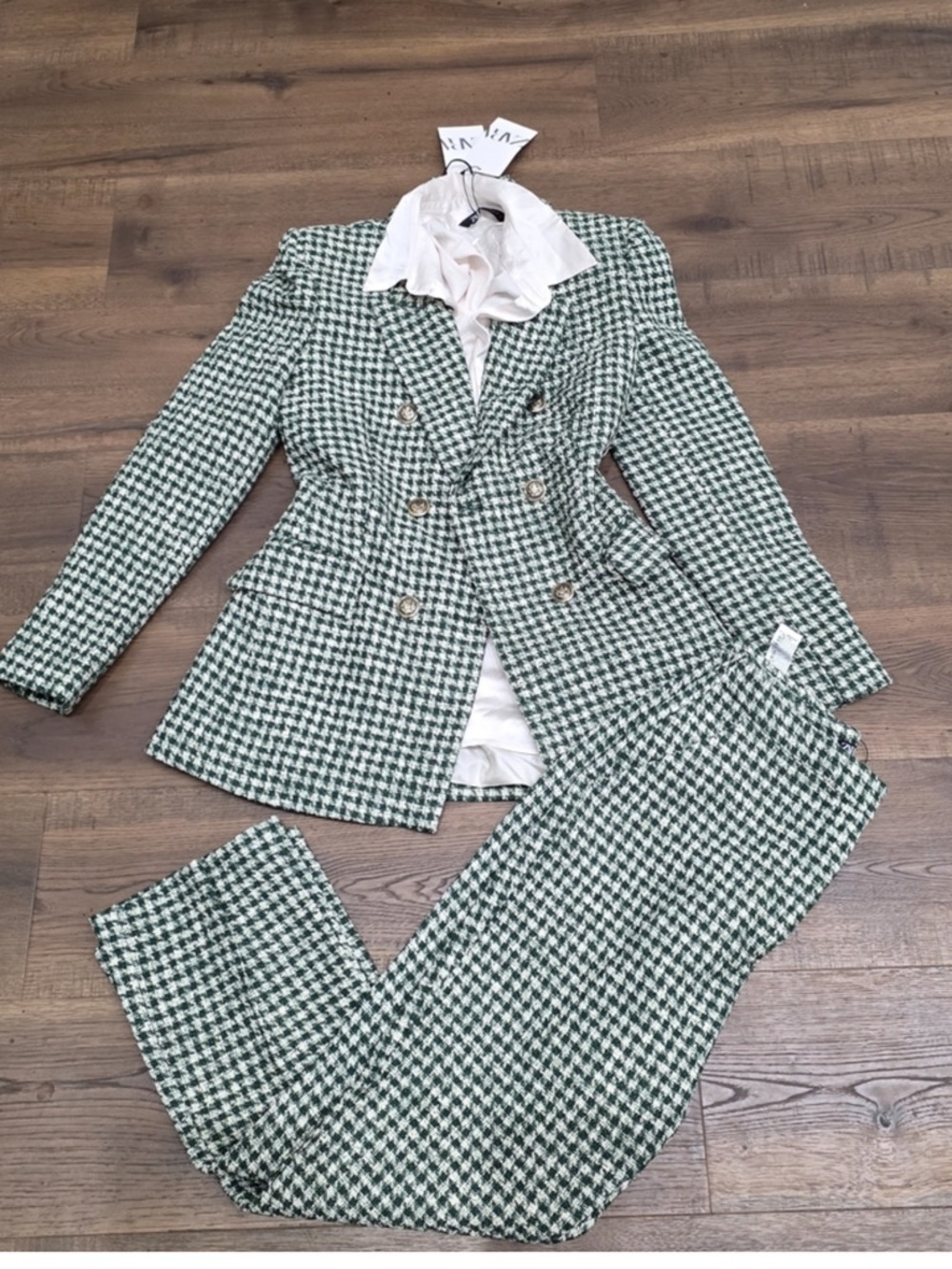 Zara Green & White Houndstooth Double-Breasted Pantsuit